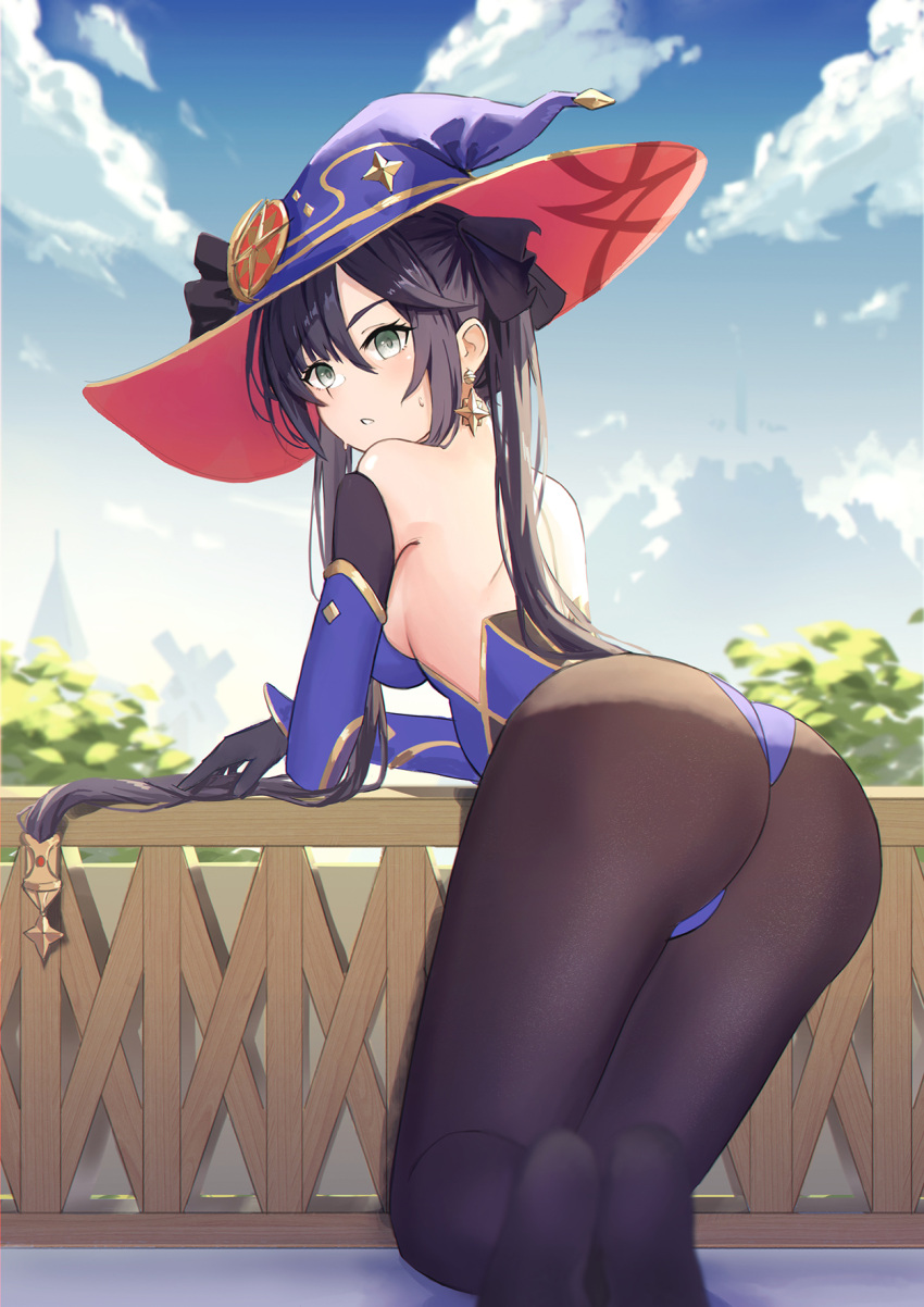 1girl ass bare_shoulders bent_over black_gloves black_legwear blue_headwear blue_leotard blurry blush depth_of_field detached_sleeves earrings from_behind genshin_impact gloves green_eyes hair_ornament hair_ribbon hat highres jewelry large_hat leotard long_hair looking_at_viewer looking_back mona_(genshin_impact) nyanko960121 outdoors pantyhose parted_lips ribbon solo star_(symbol) star_earrings thighs twintails witch_hat
