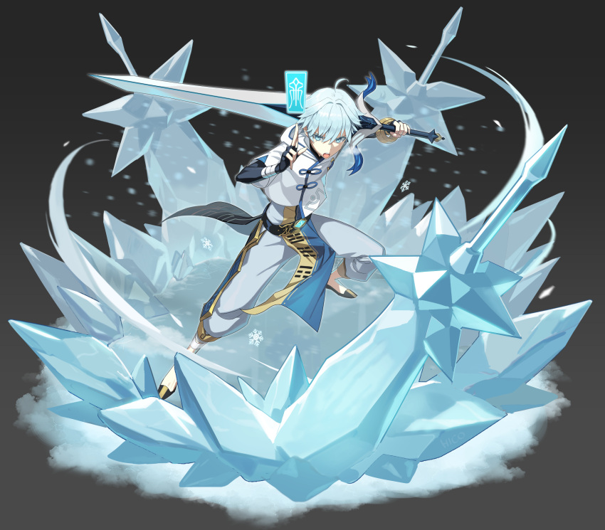 1boy bandaged_leg bandages bangs black_background black_bodysuit bodysuit bum_hico chinese_clothes chongyun_(genshin_impact) commentary_request genshin_impact gradient gradient_background greatsword grey_background hair_between_eyes highres holding holding_sword holding_weapon hood hood_down ice light_blue_eyes light_blue_hair male_focus open_mouth simple_background snowflakes solo sword talisman vision_(genshin_impact) weapon