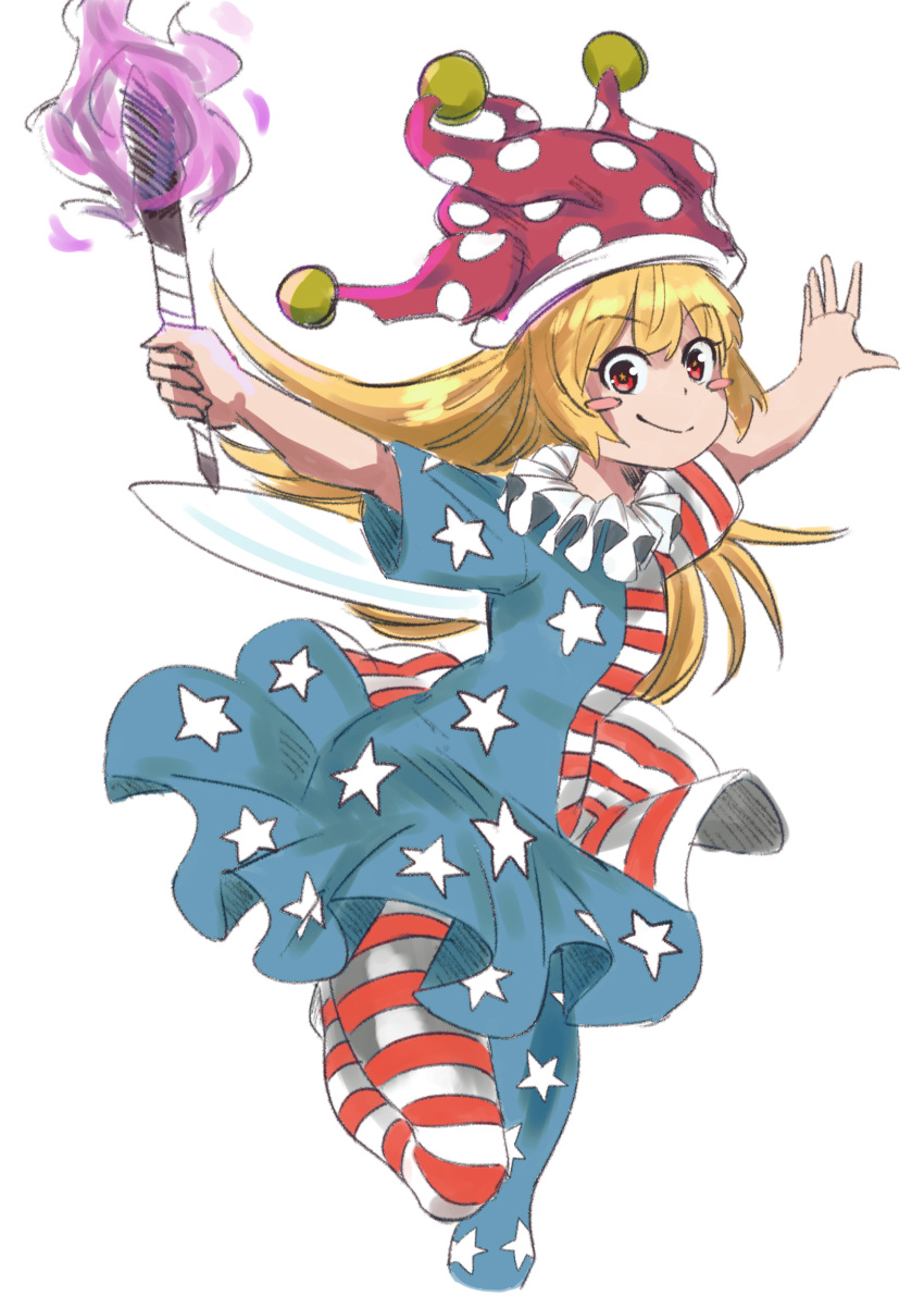 1girl absurdres american_flag_dress american_flag_legwear blonde_hair blush_stickers closed_mouth clownpiece cropped_legs dress eyebrows_visible_through_hair fairy fairy_wings hair_between_eyes hat highres holding holding_torch jester_cap long_hair outstretched_arms pantyhose polka_dot_headwear red_eyes red_headwear sen_(daydream_53) short_sleeves simple_background smile solo spread_arms star-shaped_pupils star_(symbol) star_print striped striped_dress striped_legwear symbol-shaped_pupils torch touhou white_background wings