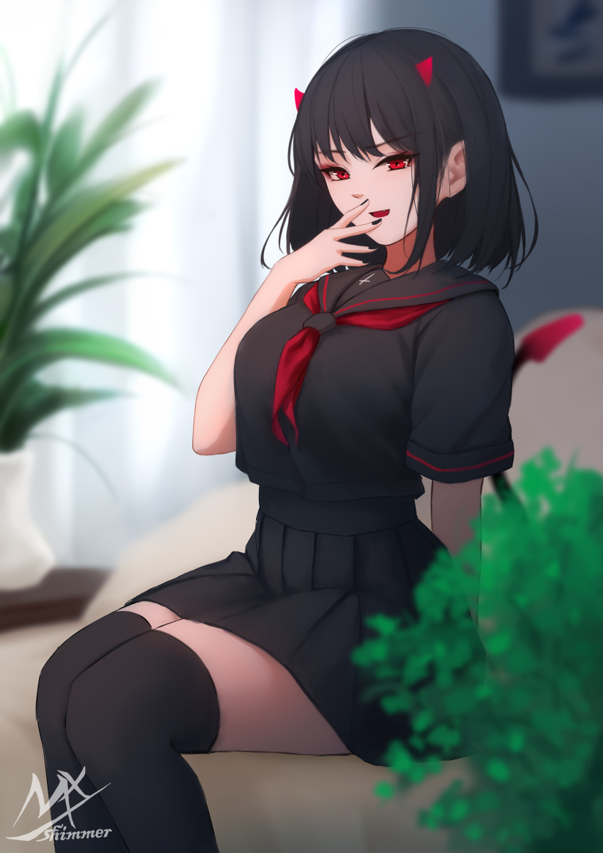 1girl :d absurdres artist_name bangs black-haired_demon_girl_(shimmer) black_hair black_legwear black_nails black_sailor_collar black_serafuku black_shirt black_skirt blurry blurry_background breasts couch day demon_girl demon_horns demon_tail depth_of_field eyebrows_visible_through_hair hand_to_own_mouth hand_up highres horns indoors looking_at_viewer medium_breasts nail_polish neckerchief on_couch original plant pleated_skirt potted_plant red_eyes red_neckerchief sailor_collar school_uniform serafuku shimmer shirt skirt smile solo tail thigh-highs