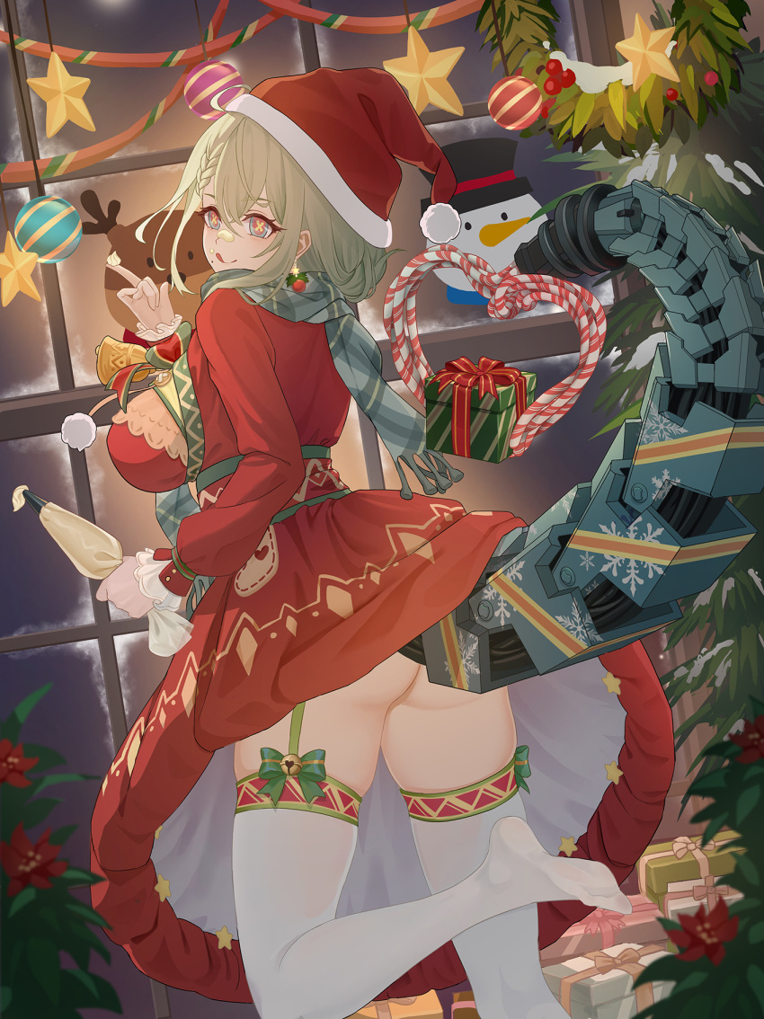 1girl :q ass bell blue_eyes box braid breasts christmas christmas_ornaments christmas_tree de_lacey_(girls'_frontline_nc) dress earrings eyebrows_visible_through_hair food food_on_face from_behind garter_straps gift gift_box girls'_frontline_neural_cloud girls_frontline green_hair green_scarf hat highres icing jewelry jingle_bell large_breasts leg_up licking_lips looking_at_viewer looking_back mechanical_tail mole mole_under_mouth moran_(pixiv27824646) multicolored_eyes no_panties no_shoes pastry_bag red_dress red_eyes santa_hat scarf smile soles solo symbol-shaped_pupils tail thigh-highs tongue tongue_out white_legwear window x-shaped_pupils