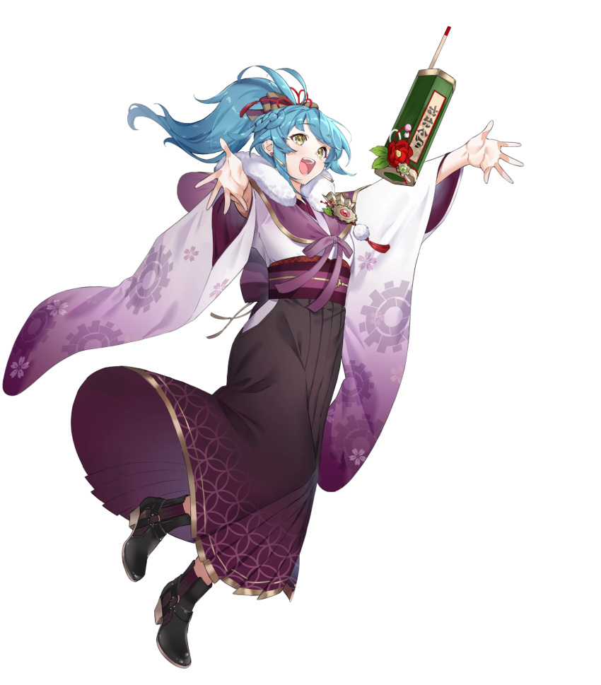 1girl ankle_boots bangs blue_hair boots bow capelet eyebrows_visible_through_hair fire_emblem fire_emblem_heroes floating floating_object fur_trim gold_trim gradient gradient_clothes hair_bow hakama hakama_skirt highres ichibi japanese_clothes kimono long_hair long_sleeves looking_away obi official_art open_mouth outstretched_arms ponytail reginn_(fire_emblem) sash shiny shiny_hair skirt smile solo spread_arms tied_hair transparent_background wide_sleeves yellow_eyes