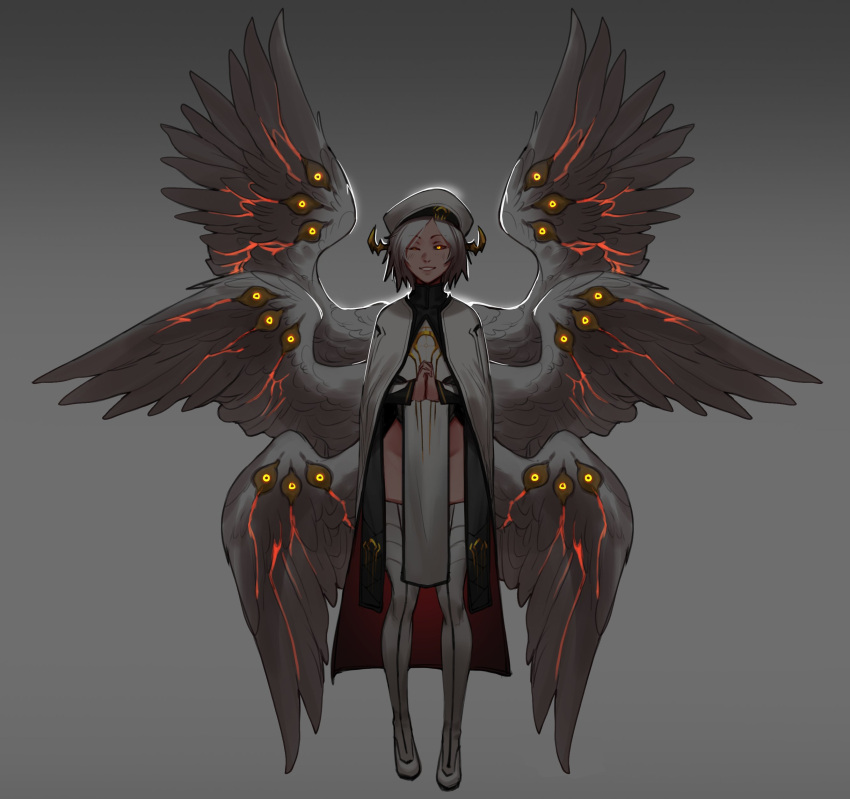 1girl absurdres angel_wings beret black_sclera cloak colored_sclera commentary english_commentary extra_eyes feathered_wings glowing glowing_eyes grey_background grey_hair hat highres horns less long_sleeves looking_at_viewer multiple_wings no_panties one_eye_closed orange_eyes original own_hands_clasped own_hands_together parted_lips pelvic_curtain robe seraph short_hair simple_background smile thigh-highs white_wings wings