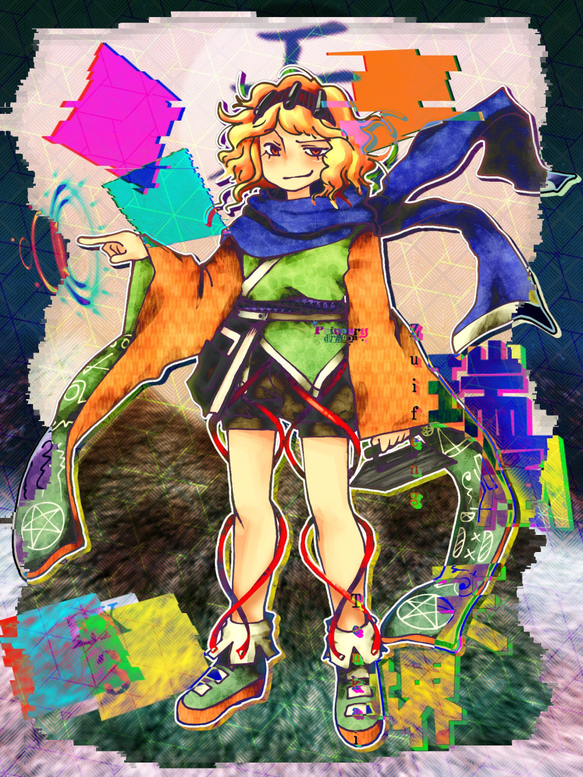 1other androgynous belt blue_scarf brown_belt brown_shorts closed_mouth commentary english_commentary full_body green_footwear hairband hand_up highres leg_ribbon len'en long_sleeves medium_hair orange_eyes orange_hair orange_sleeves other_focus outline primary_dragon red_hairband red_ribbon ribbon scarf shorts smile socks solo two-sided_fabric two-sided_sleeves uneven_eyes white_outline white_socks wide_sleeves zuifeng_tenkai