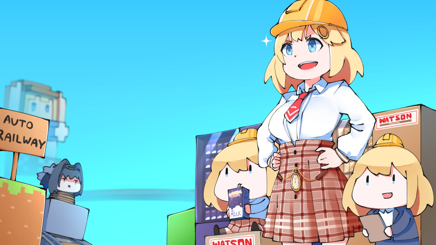4girls :d :x absurdres blonde_hair blue_eyes blue_hair blue_sky chibi day english_text hair_intakes hair_ornament hands_on_hips hardhat head_chain helmet highres hololive hololive_english juice_box long_sleeves looking_away minecraft monocle_hair_ornament multiple_girls necktie ouro_kronii plaid plaid_skirt red_necktie restrained rope sitting skirt sky smile smol_ame sparkle standing vending_machine virtual_youtuber walfie_(style) watson_amelia zaniaii |_|