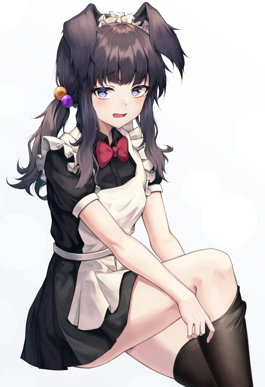 1girl absurdres alternate_costume animal_ears apron bangs black_dress black_hair blue_archive bow bowtie brown_legwear buttons collared_dress commentary dog_ears dog_girl dress dressing enmaided eyebrows_visible_through_hair frilled_apron frills hair_bobbles hair_ornament hibiki_(blue_archive) highres long_hair looking_at_viewer maid maid_apron maid_headdress open_mouth pleated_dress puffy_short_sleeves puffy_sleeves red_bow red_bowtie sarika shiny shiny_hair short_dress short_sleeves sidelocks simple_background sitting solo thigh-highs violet_eyes white_apron white_background