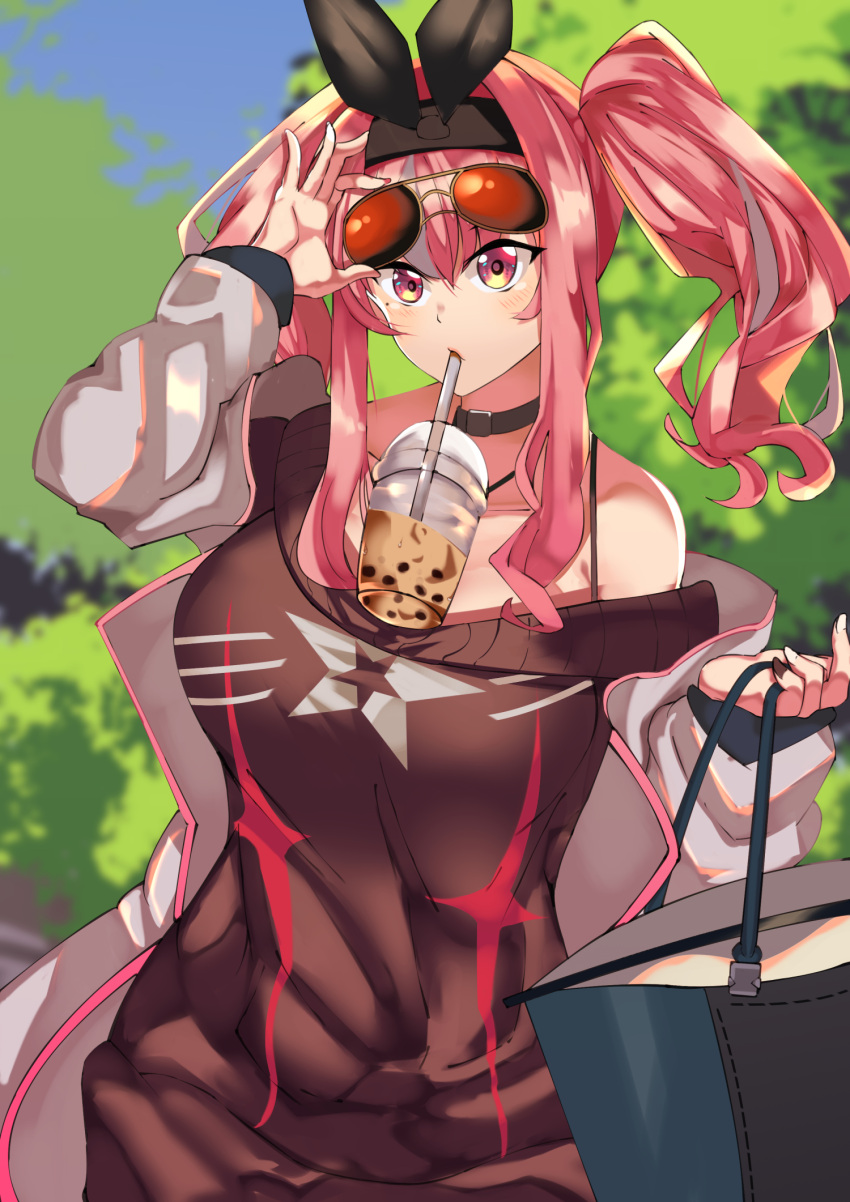 1girl azur_lane bag between_breasts blurry blurry_background bra_strap breasts bremerton_(azur_lane) bremerton_(day-off_date)_(azur_lane) brown_hairband brown_sweater bubble_tea cup disposable_cup dress eyebrows_visible_through_hair eyewear_on_head grey_hair hairband highres jacket long_hair looking_at_viewer mole mole_on_breast multicolored_hair nestleo no_mole off-shoulder_dress off-shoulder_sweater off_shoulder official_alternate_costume open_clothes open_jacket orange-tinted_eyewear outdoors pink_eyes pink_hair solo strap_between_breasts streaked_hair sweater sweater_dress tinted_eyewear two-tone_hair white_jacket