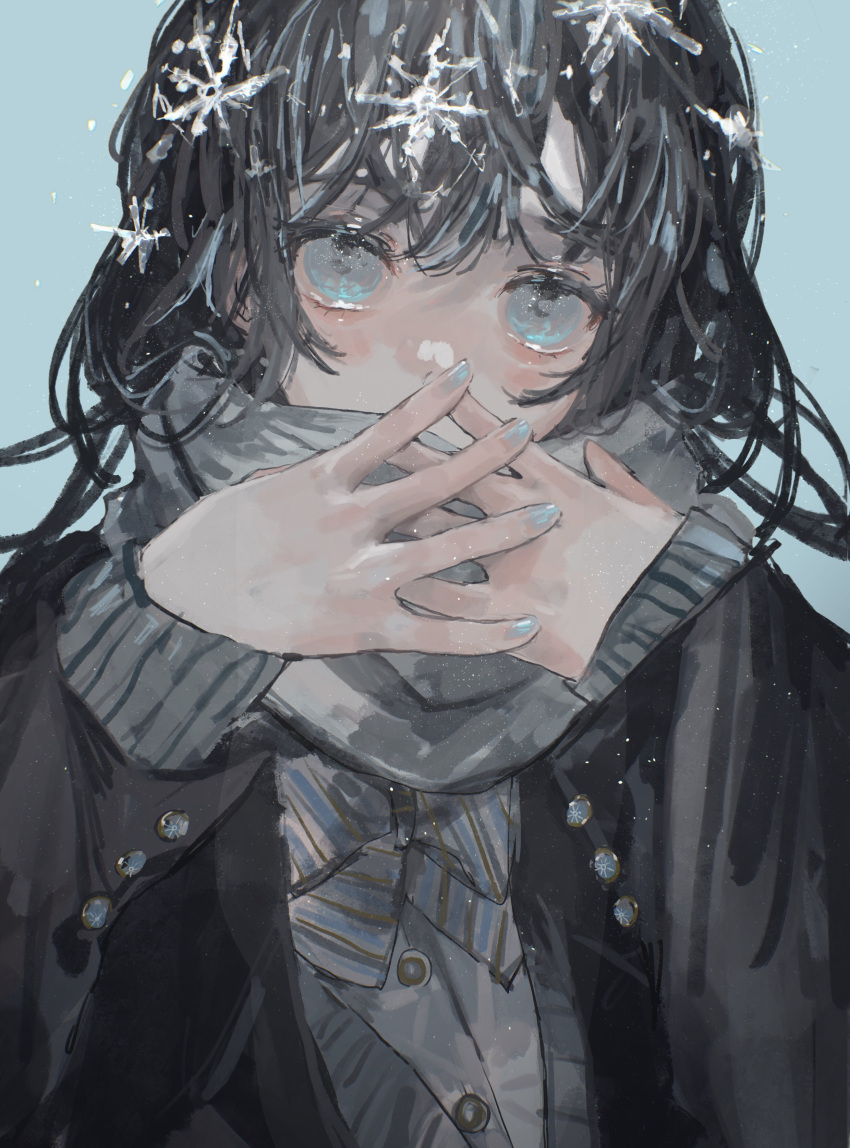1girl absurdres bangs black_hair blue_background blue_eyes blue_nails covered_mouth hands_up highres jacket long_hair long_sleeves looking_at_viewer nail_polish original scarf simple_background snowflakes snowing solo upper_body urimoto winter_clothes
