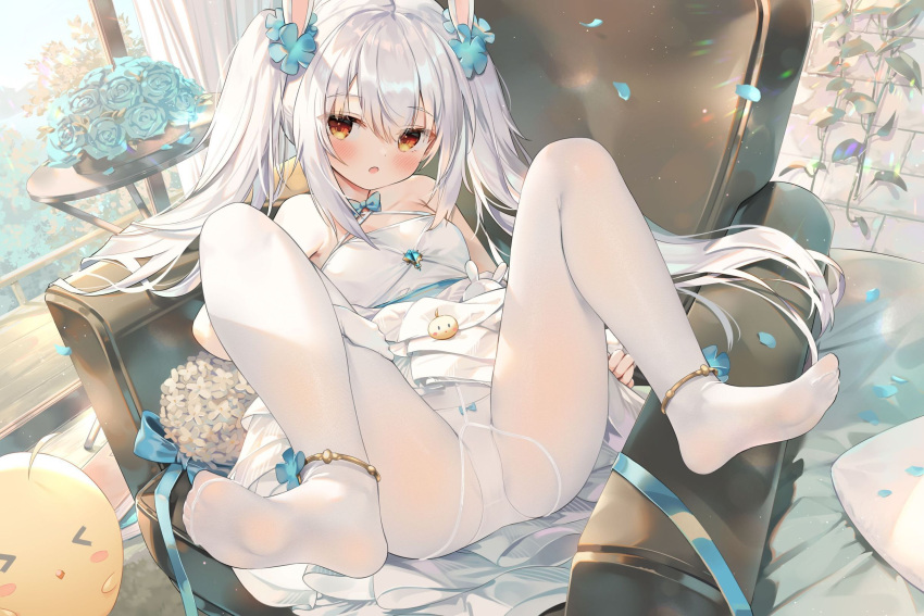 1girl :o animal_ears anklet aqua_bow aqua_ribbon aqua_rose azur_lane bangs bare_shoulders blush bow breasts chen_bin clothes_lift couch dress eyebrows eyebrows_visible_through_hair feet flower hair_between_eyes hair_ornament highres jewelry laffey_(azur_lane) legs_up long_hair looking_at_viewer lying manjuu_(azur_lane) no_shoes on_back open_mouth panties panties_under_pantyhose pantyhose petals rabbit_ears red_eyes ribbon rose skirt skirt_lift small_breasts spread_legs twintails underwear white_dress white_hair
