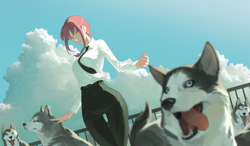 1girl ass_visible_through_thighs balcony belt black_belt black_necktie black_pants black_plume blue_sky blurry blurry_foreground braid braided_ponytail breasts chainsaw_man chinese_commentary clouds cloudy_sky collared_shirt day dog dress_shirt dutch_angle feet_out_of_frame highres husky long_sleeves looking_at_viewer makima_(chainsaw_man) medium_breasts medium_hair necktie orange_eyes outdoors pants parted_lips petting railing redhead ringed_eyes shirt shirt_tucked_in sidelocks sky solo standing thigh_gap white_shirt wing_collar