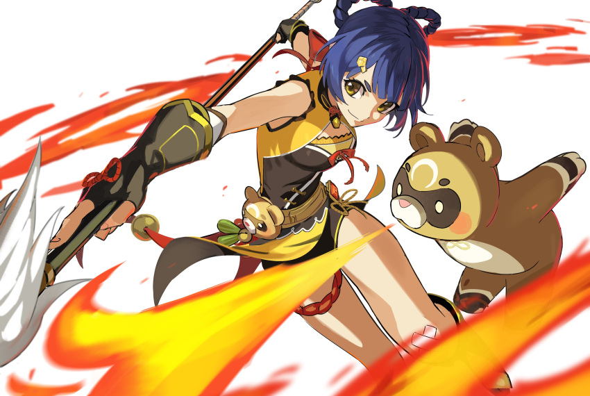 1girl absurdres animal bangs black_gloves blue_hair braid breasts bum_hico fingerless_gloves fire genshin_impact gloves guoba_(genshin_impact) hair_ornament hair_rings hairclip highres holding holding_polearm holding_weapon mixed-language_commentary polearm short_hair simple_background sleeveless small_breasts smile spear thigh_strap vision_(genshin_impact) weapon white_background yellow_eyes