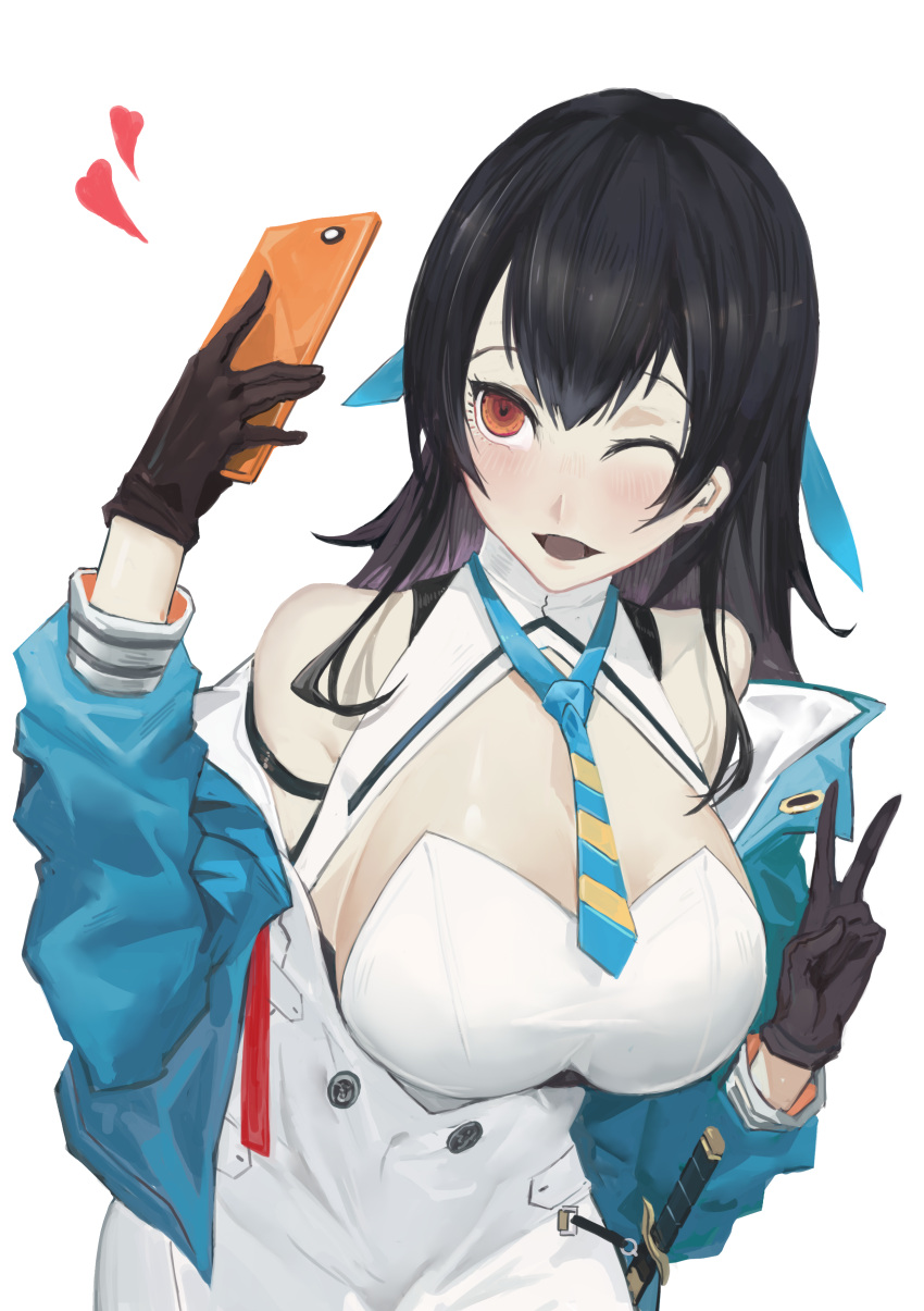 1girl atago_(blue_oath) bangs black_bra black_gloves black_hair black_panties blue_jacket blue_neckwear blue_oath blush boots bra breasts damaged dress gloves hair_ribbon high_heel_boots high_heels highres jacket large_breasts long_hair masayoshi_(pixiv57813513) neckerchief panties red_eyes ribbon rigging sailor_collar sailor_dress sheath sheathed skin_tight skindentation smile solo strap thigh-highs torn_clothes torn_legwear underwear weapon white_dress white_legwear