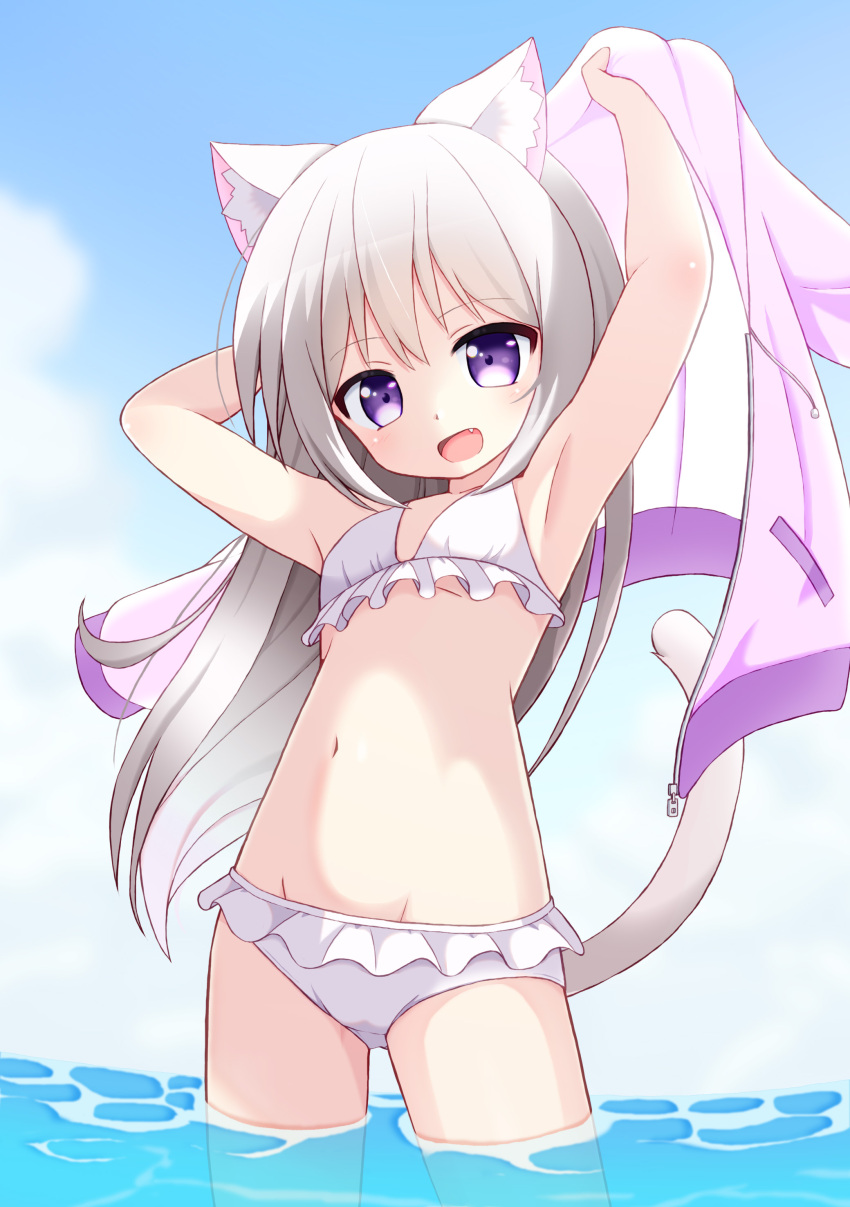 1girl absurdres animal_ear_fluff animal_ears armpits arms_up bikini breasts cat_ears cat_girl cat_tail clouds fang highres jacket jacket_removed long_hair mogura2009 open_mouth original outdoors pink_eyes pink_jacket silver_hair sky small_breasts smile solo swimsuit tail wading water white_bikini