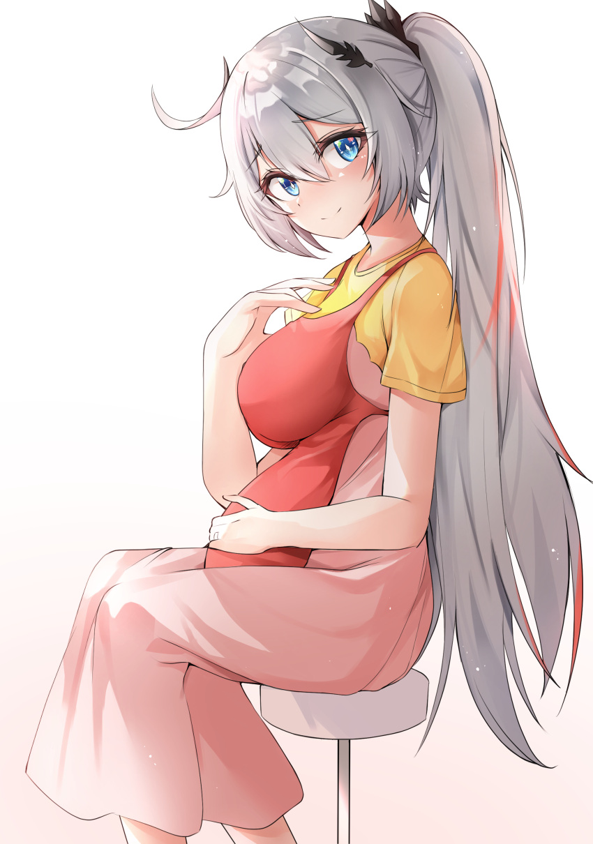 1girl absurdres apron bangs blue_eyes breasts closed_mouth commentary_request dress eyebrows_visible_through_hair gr_greeze gradient gradient_background grey_hair hair_between_eyes hair_ornament hand_on_own_stomach head_tilt highres honkai_(series) honkai_impact_3rd kiana_kaslana kiana_kaslana_(herrscher_of_the_void) large_breasts long_hair looking_at_viewer multicolored_hair pink_dress ponytail pregnant red_apron redhead shirt short_hair short_sleeves simple_background sitting smile solo stool streaked_hair white_background yellow_shirt