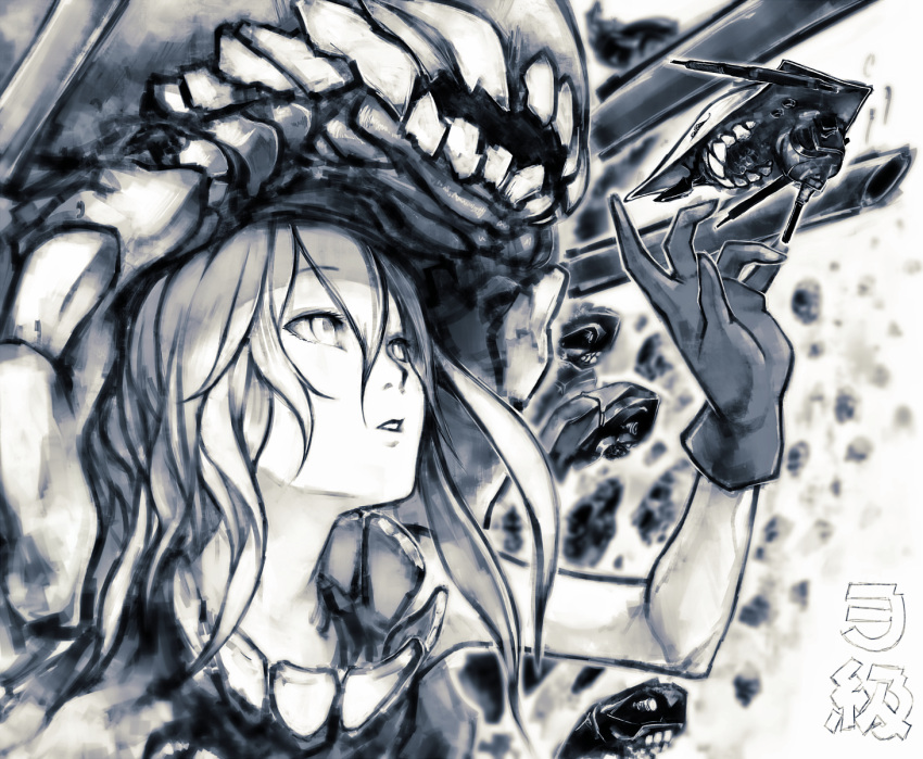 1girl abyssal_ship bangs character_name commentary_request enemy_aircraft_(kancolle) gloves greyscale hair_between_eyes highres i-class_destroyer kantai_collection long_hair monochrome parted_lips simple_background teeth tentacles turret upper_body wo-class_aircraft_carrier yasushi