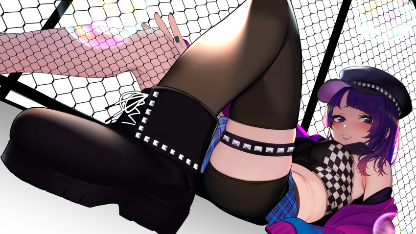 1girl akagi_asahito armpits ass bangs barbed_wire bare_shoulders black_footwear black_legwear black_nails black_shorts blue_eyes blush boots bra breasts diagonal_bangs dutch_angle earrings fishnet_legwear fishnets grin hat highres idolmaster idolmaster_shiny_colors jacket jewelry leg_garter long_hair long_sleeves looking_at_viewer lying medium_breasts midriff multicolored_eyes nail_polish off_shoulder on_back open_clothes open_jacket outdoors parted_bangs parted_lips plaid plaid_bra punk purple_hair purple_jacket purple_lips purple_nails shorts single_thighhigh skindentation sleeves_past_fingers sleeves_past_wrists smile solo sunlight tanaka_mamimi teeth thigh-highs underwear violet_eyes