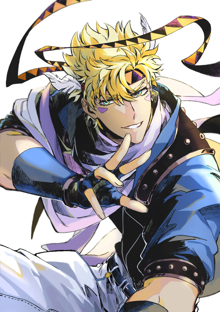 1boy absurdres battle_tendency blonde_hair blue_jacket caesar_anthonio_zeppeli facial_mark feather_hair_ornament feathers fighting_stance fingerless_gloves gloves green_eyes grin hair_ornament headband highres jacket jojo_no_kimyou_na_bouken male_focus nigelungdayo pink_scarf scarf smile solo triangle_print