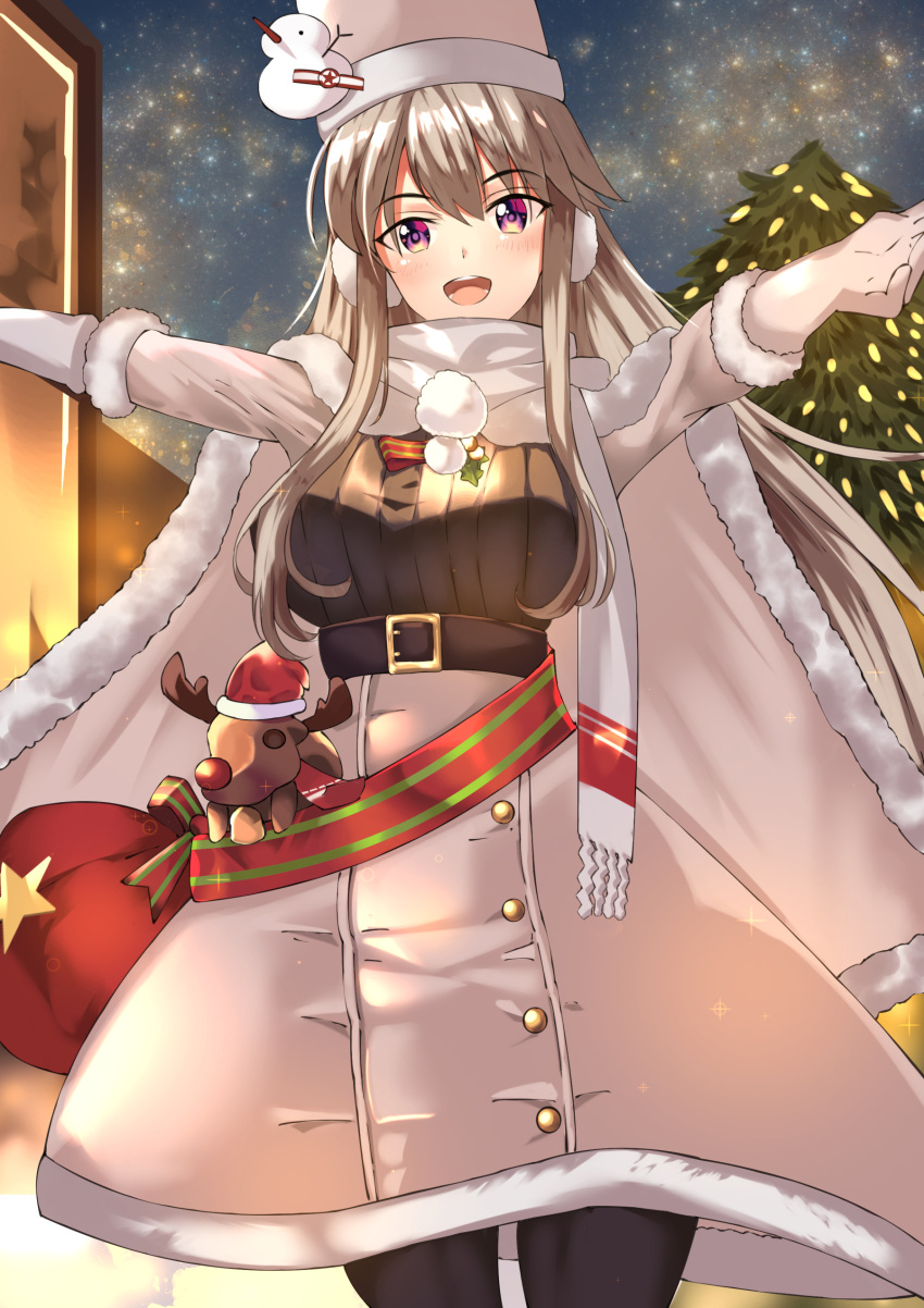 1girl absurdres azur_lane black_legwear breasts brown_hair cape coat earmuffs enterprise_(azur_lane) enterprise_(reindeer_master)_(azur_lane) eyebrows_visible_through_hair fur-trimmed_cape fur_hat fur_trim gloves hat highres large_breasts looking_at_viewer nestleo official_alternate_costume open_mouth outdoors scarf solo standing stuffed_deer violet_eyes white_cape white_scarf winter_clothes winter_coat