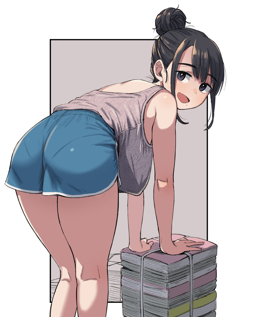 1girl ass bangs black_eyes black_hair blue_shorts blush breasts commentary_request eyebrows_visible_through_hair from_behind geso_smith grey_tank_top hair_bun head_tilt highres large_breasts leaning_forward mole mole_under_eye open_mouth original pantylines paper paper_stack sagging_breasts shorts simple_background solo tank_top two-tone_background
