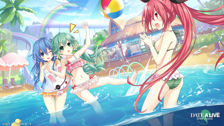 3girls ball bare_arms bare_legs bare_shoulders beach_umbrella beachball bikini blue_eyes blue_hair date_a_live date_a_live:_spirit_pledge day eyebrows_visible_through_hair green_bikini green_eyes green_hair highres itsuka_kotori long_hair multiple_girls natsumi_(date_a_live) official_art one_eye_closed open_mouth palm_tree pink_swimsuit pool rainbow red_eyes redhead smile swimsuit tree umbrella white_swimsuit yoshino_(date_a_live) yoshinon