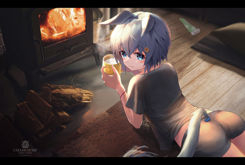 1girl absurdres amanun animal_ears ass blue_eyes carpet casual commentary_request copyright_name cup ears_down furnace grey_hair hair_ornament highres horse_ears horse_girl horse_tail letterboxed log looking_at_viewer lying on_stomach seiun_sky_(umamusume) short_hair shorts solo tail umamusume