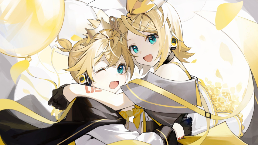 1boy 1girl arm_tattoo balloon black_cape black_dress black_gloves blonde_hair bow cape commentary confetti dress gloves green_eyes hair_bow hair_ornament hairclip headphones heridy highres hug kagamine_len kagamine_rin looking_at_viewer number_tattoo off-shoulder_dress off_shoulder one_eye_closed open_mouth shirt short_hair simple_background smile symbol-only_commentary tattoo tiara two-tone_dress vocaloid white_background white_bow white_dress white_shirt yellow_bow