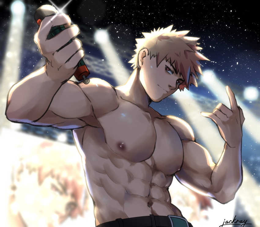 1boy \n/ absurdres alternate_universe artist_name bakugou_katsuki blonde_hair boku_no_hero_academia concert hand_gesture highres holding holding_microphone idol jackray85674939 male_focus microphone muscular muscular_male screen spiky_hair stage stage_lights sweatdrop topless_male