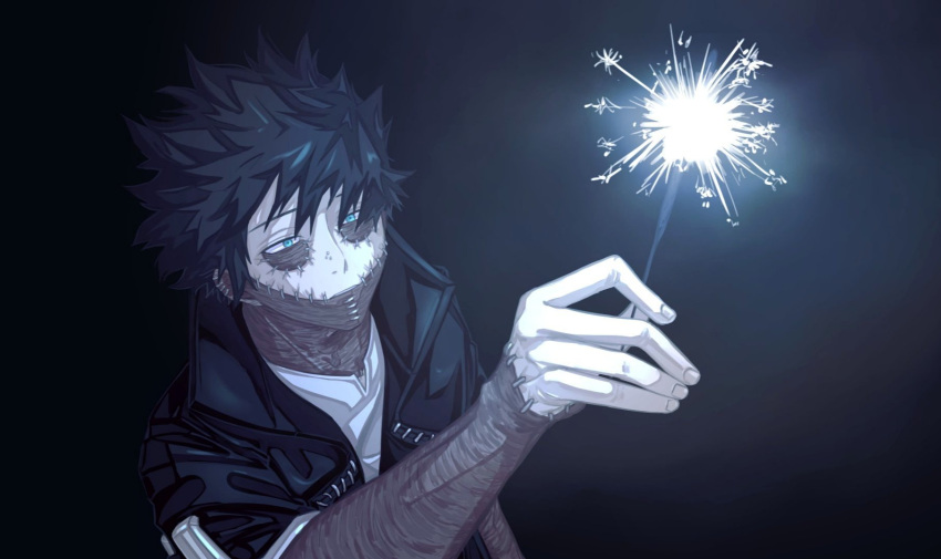 2jhapita arm_up black_hair boku_no_hero_academia burn_scar costume dabi_(boku_no_hero_academia) ear_piercing fireworks highres holding_fireworks looking_at_object looking_up male_focus night nose_piercing piercing scar shirt sleeves_pushed_up sparkler sparks stapled white_shirt