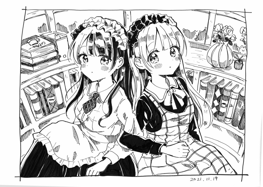 2girls :o absurdres apron bangs blush book bow collared_shirt dress eyebrows_visible_through_hair flower frilled_apron frills greyscale highres inward_v locked_arms long_hair long_sleeves monochrome multiple_girls original parted_lips sakura_oriko shirt sitting sleeveless sleeveless_dress vase very_long_hair waist_apron