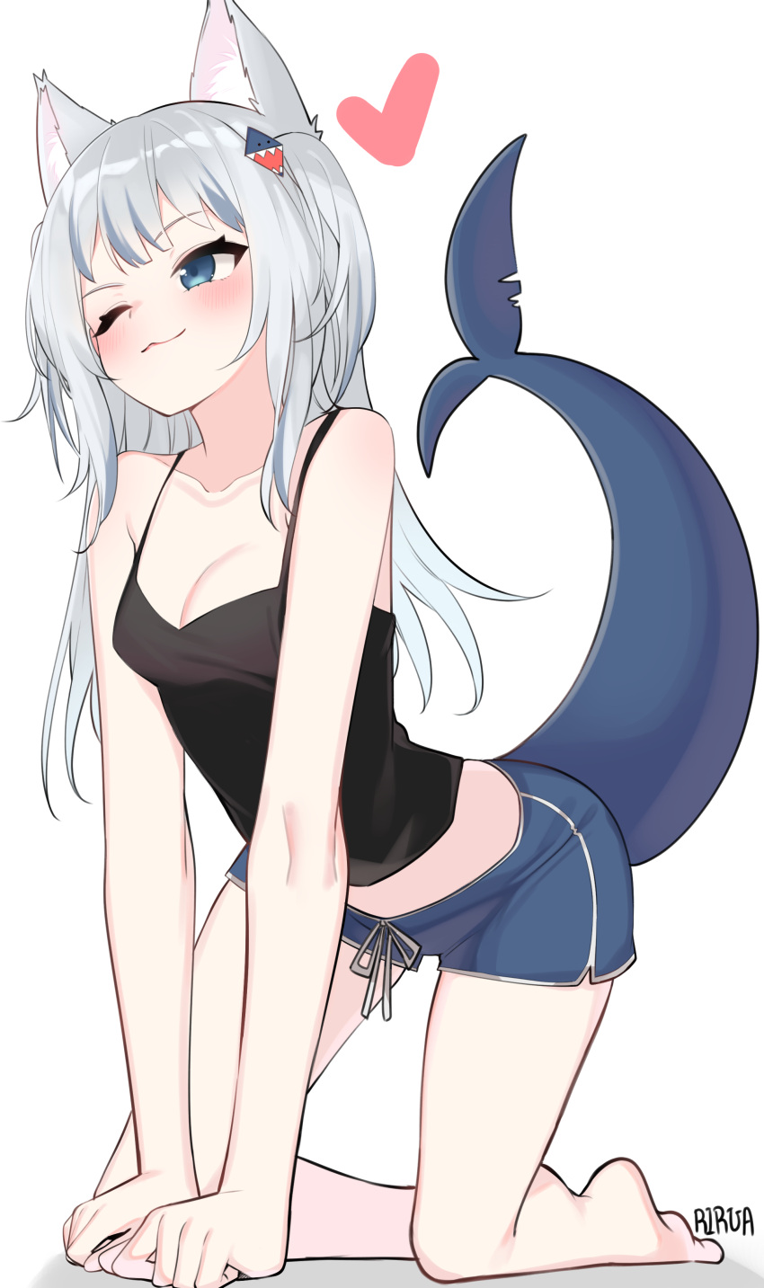 1girl ;3 absurdres all_fours animal_ear_fluff animal_ears artist_name bare_arms bare_shoulders barefoot blue_eyes blue_hair blue_shorts blush breasts camisole cat_ears closed_mouth dolphin_shorts fish_tail full_body gawr_gura head_tilt highres hololive hololive_english lira long_hair looking_away looking_to_the_side multicolored_hair one_eye_closed shark_tail short_shorts shorts silver_hair simon_(ttgl) sleeveless small_breasts smile solo streaked_hair tail two-tone_hair two_side_up very_long_hair virtual_youtuber weapon