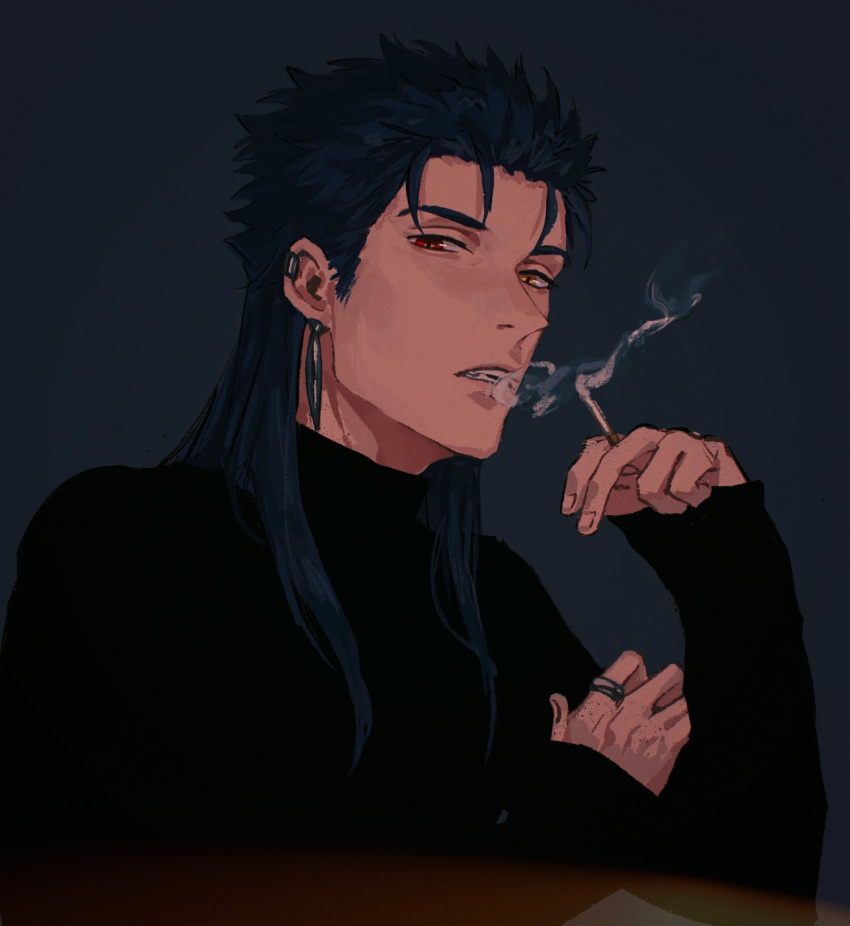 1boy black_sweater blue_hair cigarette cu_chulainn_(caster)_(fate) cu_chulainn_(fate) earrings fate/grand_order fate_(series) heterochromia highres holding holding_cigarette jewelry long_hair long_sleeves looking_at_viewer male_focus multiple_earrings open_mouth red_eyes ring simple_background smoke smoking solo spiky_hair sweater turtleneck turtleneck_sweater uniwa_mochikawa yellow_eyes