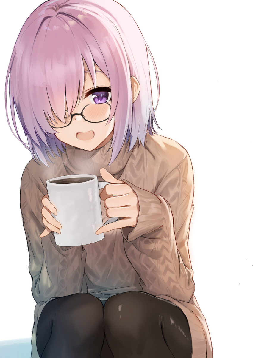 1girl :d absurdres black-framed_eyewear black_legwear blush brown_sweater coffee cup dress fate/grand_order fate_(series) glasses hair_over_one_eye hellsnake98 highres holding holding_cup long_hair long_sleeves looking_at_viewer mash_kyrielight pantyhose pink_hair ribbed_sweater shiny shiny_clothes shiny_legwear simple_background sitting sleeves_past_wrists smile solo sweater sweater_dress turtleneck turtleneck_sweater violet_eyes white_background