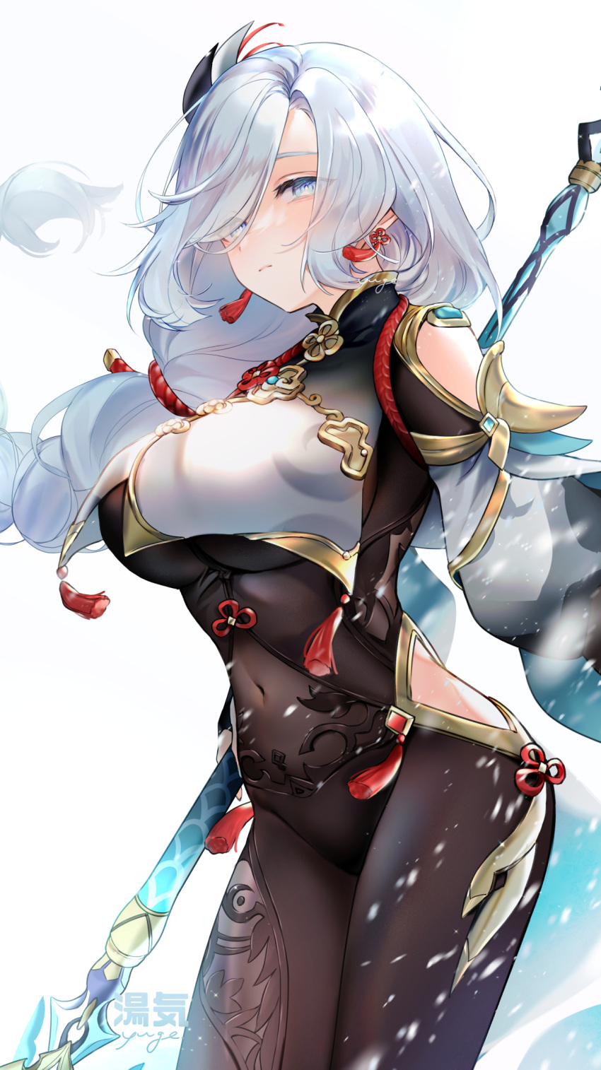 1girl bangs black_gloves blue_eyes blush bodysuit braid braided_ponytail breasts clothing_cutout covered_navel elbow_gloves genshin_impact gloves hair_ornament hair_over_one_eye highres hip_vent large_breasts long_hair long_sleeves looking_at_viewer partially_fingerless_gloves polearm puffy_long_sleeves puffy_sleeves shenhe_(genshin_impact) shoulder_cutout silver_hair solo spear tabard tassel thighs very_long_hair weapon yuge_(mkmk)