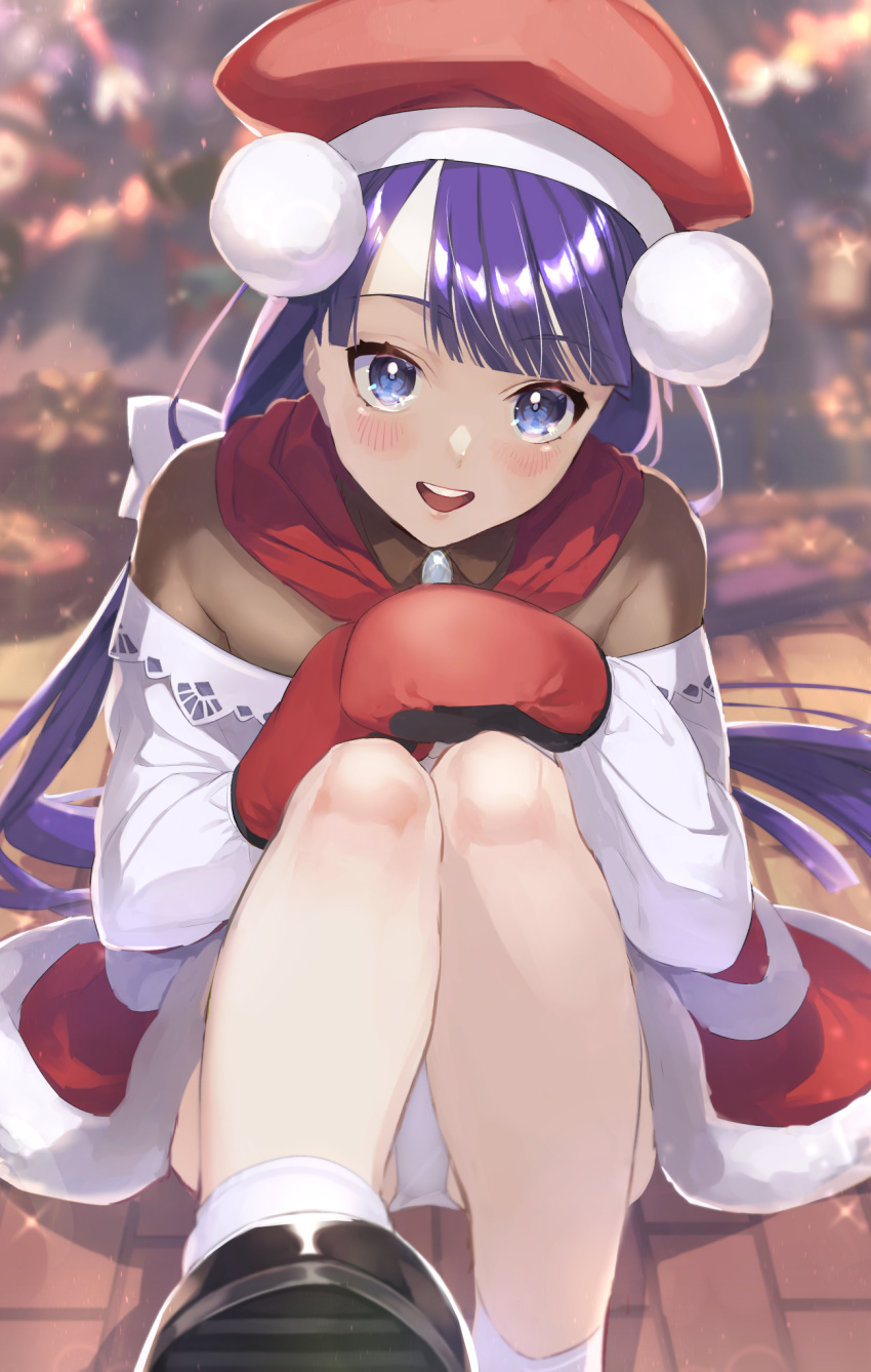 1girl apron bangs belt blue_eyes blunt_bangs blush boots breasts brooch brown_shirt christmas_tree fate/grand_order fate_(series) fur_trim hat highres jewelry knees_up kzk_potato long_hair long_sleeves looking_at_viewer martha_(fate) martha_(santa)_(fate) medium_breasts mittens off_shoulder open_mouth pouch purple_hair red_headwear red_skirt santa_hat shirt sitting skirt smile solo white_apron
