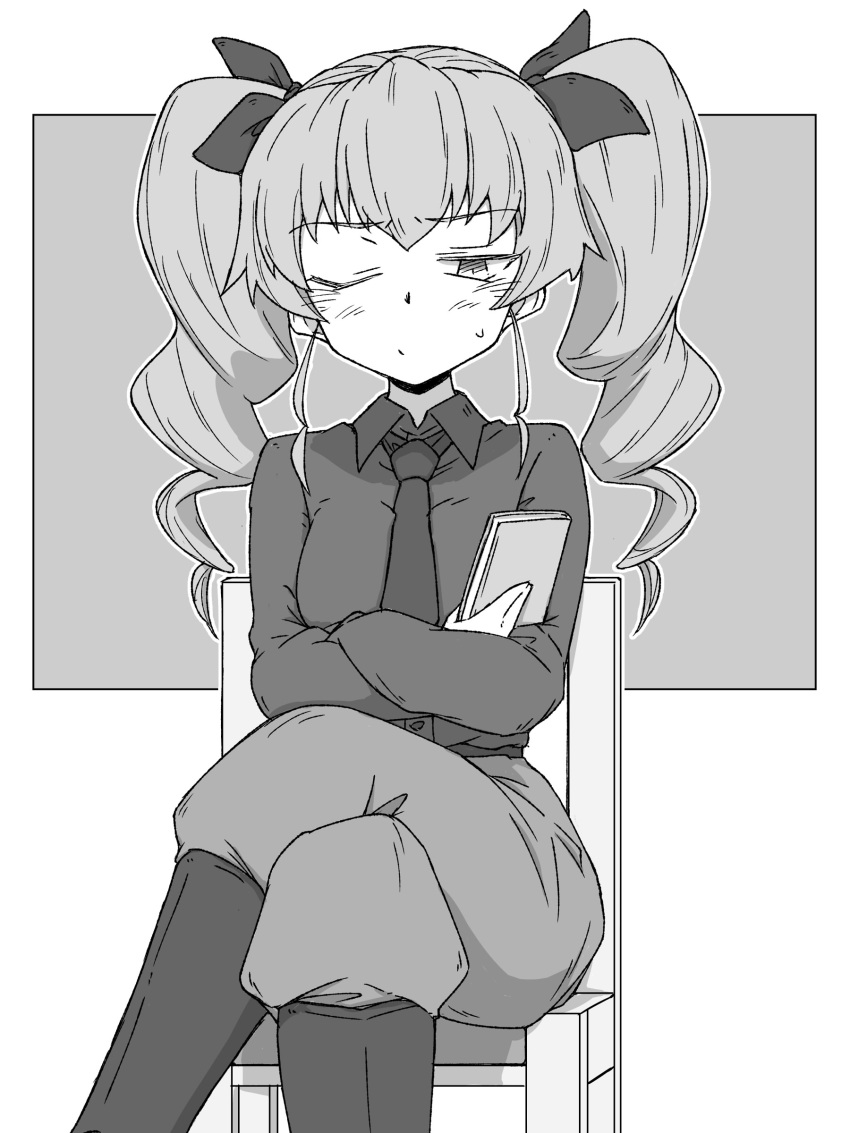 1girl absurdres anchovy_(girls_und_panzer) anzio_military_uniform bangs blush book boots closed_eyes closed_mouth commentary crossed_arms crossed_legs dress_shirt drill_hair embarrassed eyebrows_visible_through_hair frown girls_und_panzer greyscale hair_ribbon half-closed_eye highres holding holding_book knee_boots long_hair long_sleeves looking_at_viewer military military_uniform monochrome necktie no_jacket on_chair pants renshiu ribbon shirt sitting solo twin_drills twintails uniform wing_collar