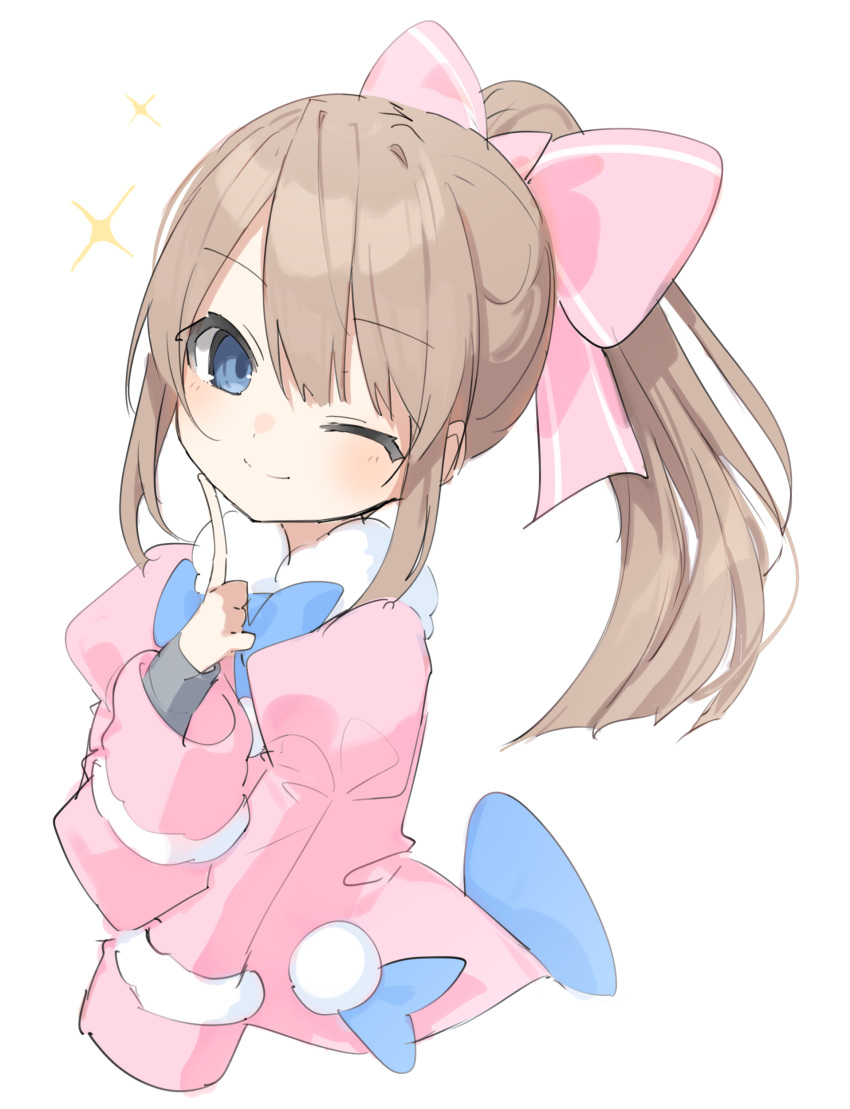 1girl absurdres blue_bow blue_bowtie blue_eyes blush bow bowtie brown_hair buran_buta buttons coat double-breasted fur-trimmed_coat fur_trim hair_between_eyes hat highres long_hair looking_at_viewer neptune_(series) one_eye_closed pink_coat pink_headwear pom_pom_(clothes) ram_(neptune_series) simple_background sketch smile solo upper_body very_long_hair white_background