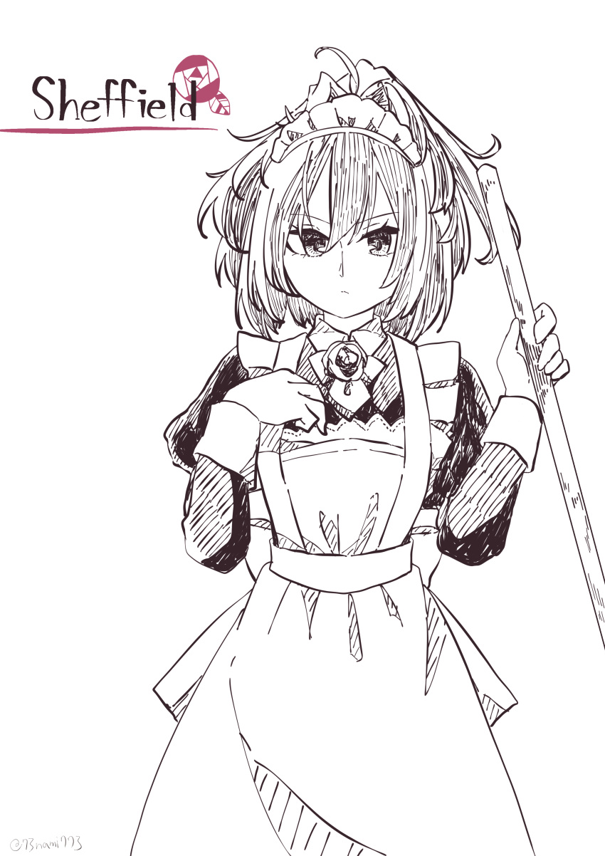 1girl absurdres alternate_costume apron breasts broom character_name cowboy_shot enmaided highres holding holding_broom kantai_collection long_hair maid maid_apron maid_headdress messy_hair monochrome nami_nami_(belphegor-5812) sheffield_(kancolle) small_breasts solo wrist_cuffs