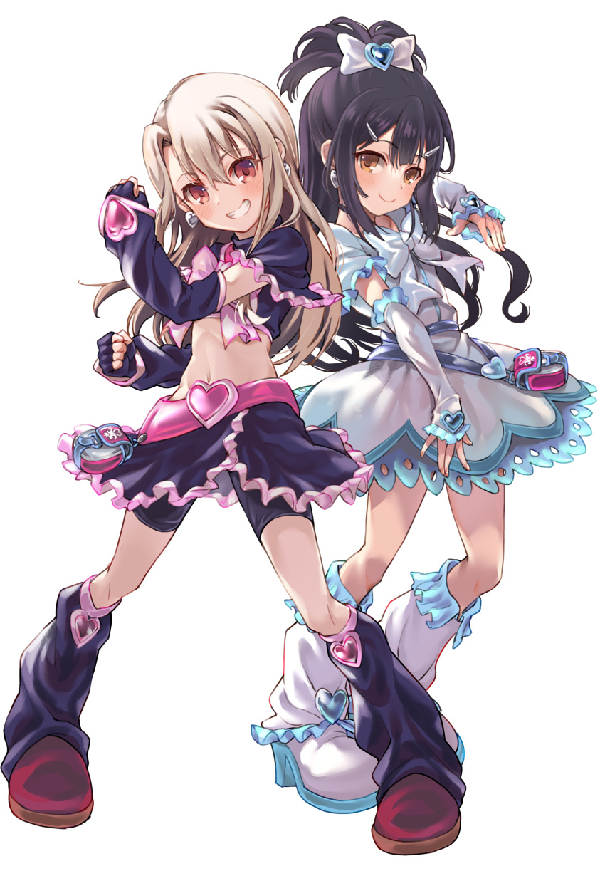 2girls absurdres arm_warmers bangs black_gloves black_hair black_legwear black_shirt black_shorts black_skirt blush boots boshi_(a-ieba) breasts brown_eyes clenched_hands commentary_request cosplay cropped_shirt cure_black cure_black_(cosplay) cure_white cure_white_(cosplay) detached_sleeves dress earrings fate/kaleid_liner_prisma_illya fate_(series) fingerless_gloves frilled_dress frilled_skirt frills full_body futari_wa_precure gloves grin hair_between_eyes hair_ornament hairclip happy heart_belt highres illyasviel_von_einzbern jewelry leg_warmers long_hair looking_at_viewer magical_girl midriff miyu_edelfelt multiple_girls navel precure red_eyes shirt shorts shorts_under_skirt sidelocks skirt small_breasts smile white_dress white_footwear white_hair white_legwear