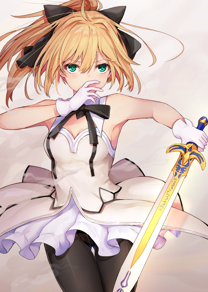 1girl :o absurdres ahoge armor armored_boots armored_dress artoria_pendragon_(all) bangs black_bow blonde_hair blush boots bow breastplate caliburn caliburn_(fate) dress eno_1611 eyebrows_visible_through_hair fate/grand_order fate/unlimited_codes fate_(series) gauntlets green_eyes hair_between_eyes hair_bow highres holding holding_sword holding_weapon long_hair parted_lips ponytail saber_lily scan sidelocks solo standing sword weapon white_dress
