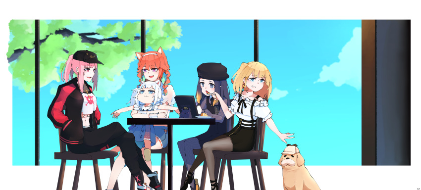 5girls :3 :d :o absurdres animal_ears baseball_cap beret black_footwear black_legwear blonde_hair blue_eyes blue_hair blue_sky blush braid bubba_(watson_amelia) cat_ears chair commentary crossed_legs day deerstalker dog dress earrings english_commentary eyebrows_visible_through_hair fang feeding food gawr_gura grin hairband halo hands_in_pockets hat highres hololive hololive_english holomyth hug hug_from_behind jacket jewelry long_hair long_sleeves looking_at_another mole mole_under_eye mori_calliope multicolored_hair multiple_girls navel necklace ninomae_ina'nis official_alternate_costume open_clothes open_jacket orange_hair pants pantyhose pinafore_dress pink_eyes pink_hair ponytail pudding purple_hair purple_legwear side_ponytail sitting sitting_on_lap sitting_on_person skin_fang skirt skull_and_crossbones sky smile spoon stomach streaked_hair stylus suspender_skirt suspenders t-pose table tablet_pc takanashi_kiara tako_(ninomae_ina'nis) tentacle_hair tree twin_braids violet_eyes virtual_youtuber watson_amelia white_hair wrist_cuffs zaniaii