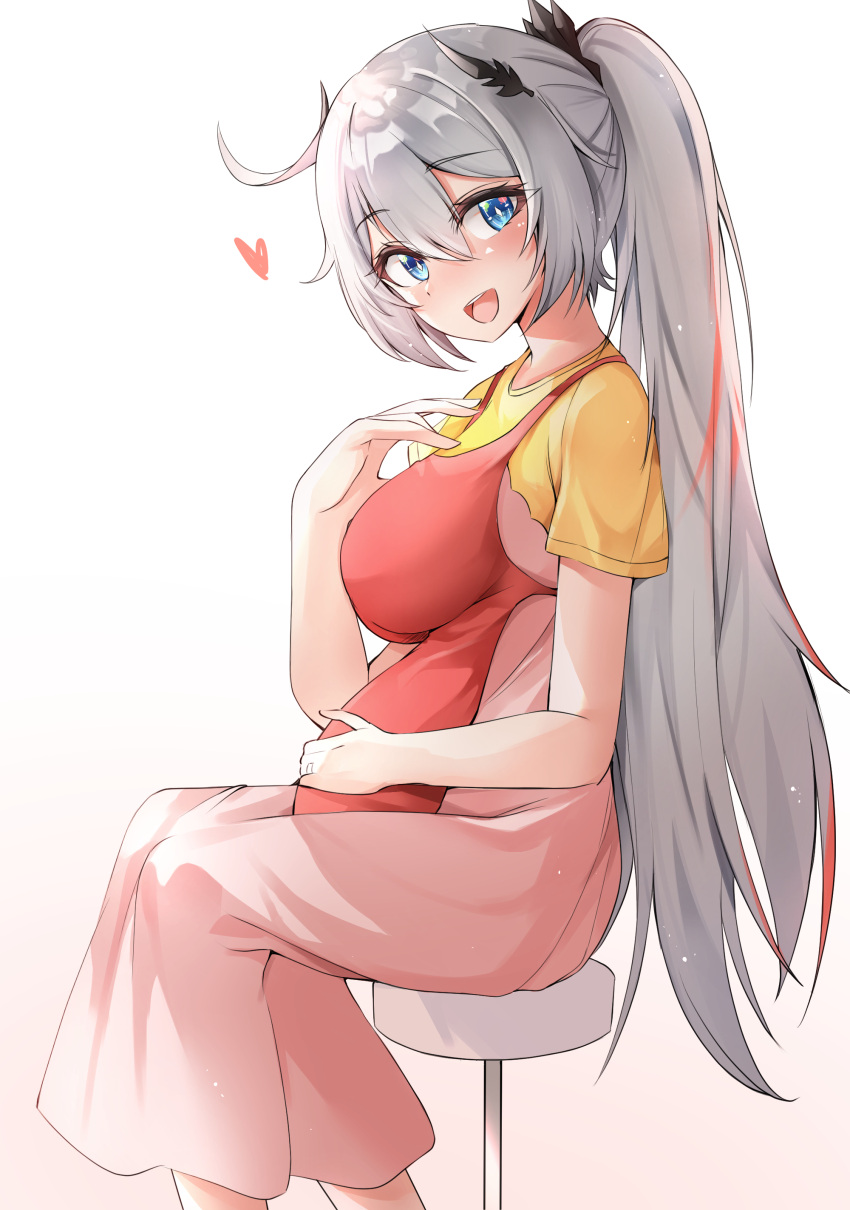 1girl :d absurdres apron bangs blue_eyes breasts closed_mouth commentary_request dress eyebrows_visible_through_hair gr_greeze gradient gradient_background grey_hair hair_between_eyes hair_ornament hand_on_own_stomach head_tilt heart highres honkai_(series) honkai_impact_3rd kiana_kaslana kiana_kaslana_(herrscher_of_the_void) large_breasts long_hair looking_at_viewer multicolored_hair open_mouth pink_dress ponytail pregnant red_apron redhead shirt short_hair short_sleeves simple_background sitting smile solo stool streaked_hair teeth upper_teeth white_background yellow_shirt