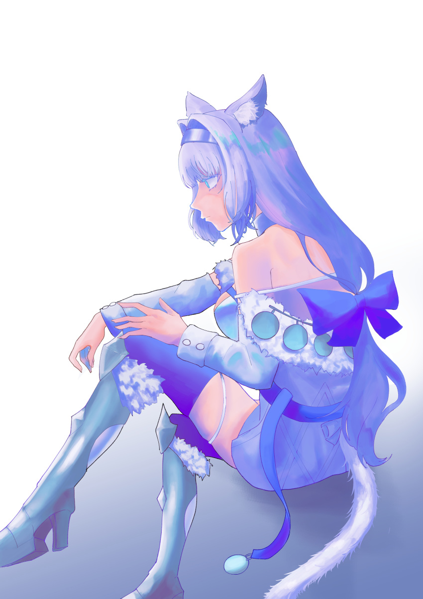 1girl absurdres animal_ears armored_boots ayukawa_(pixiv56099835) bangs blue_bow blue_eyes blue_ribbon blush boots bow breasts brown_legwear buttons cape capelet cat_ears cat_girl cat_tail crop_top crop_top_overhang dobrynya_nikitich_(fate) dress fate/grand_order fate_(series) fur-trimmed_capelet fur-trimmed_headwear fur_trim gauntlets grey_dress hair_bow hat highres knee_boots large_breasts long_hair long_sleeves looking_at_viewer low_ponytail mace medium_breasts pantyhose ribbon short_dress smile solo tail thighs weapon white_cape white_capelet white_hair white_headwear