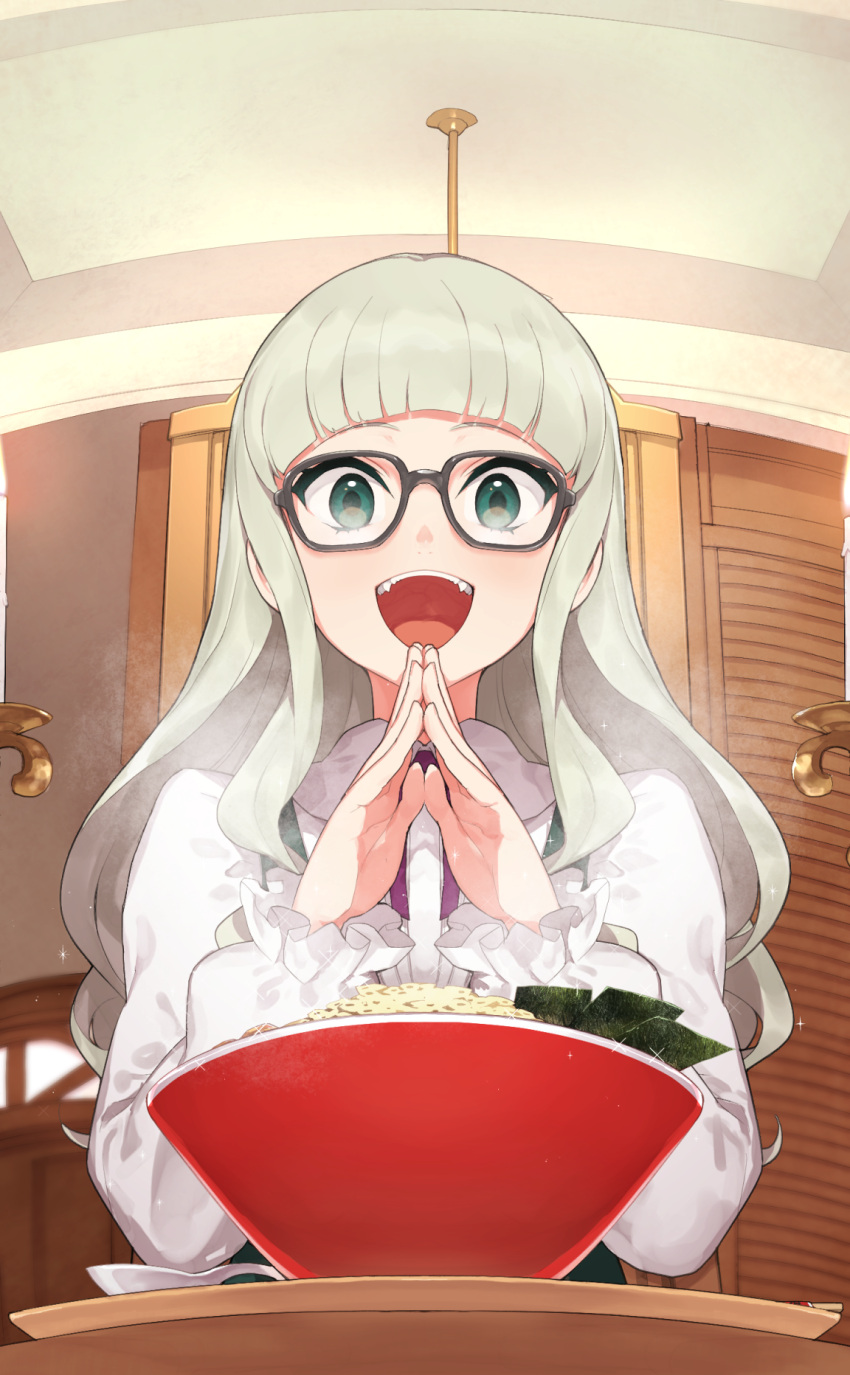 1girl :d aikatsu!_(series) bangs black-framed_eyewear blunt_bangs bowl candle candlelight candlestand chopsticks collared_shirt commentary_request dress fingers_together fisheye food glasses green_dress green_eyes green_hair hair_down hands_up highres hitoto indoors long_hair long_sleeves looking_down neck_ribbon noodles nori_(seaweed) own_hands_together pinafore_dress purple_ribbon ramen ribbon shiny shiny_hair shirt sidelocks smile solo sparkle spoon steam teeth toudou_yurika upper_body upper_teeth white_shirt