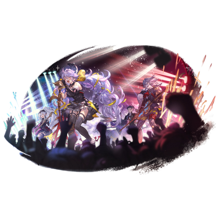 2boys 2girls alpha_transparency animal_ears baal_(granblue_fantasy) band bangs black_dress black_gloves black_legwear blush bow breasts closed_eyes crowd dress drum drum_set drumsticks elbow_gloves fur-trimmed_gloves fur_trim gloves granblue_fantasy guitar hair_between_eyes hair_bow hair_ribbon instrument large_breasts long_hair low_twintails medusa_(shingeki_no_bahamut) microphone minaba_hideo multiple_boys multiple_girls nezha_(granblue_fantasy) official_art open_mouth pointy_ears ponytail purple_hair ribbon satyr_(granblue_fantasy) single_elbow_glove smile stage thigh-highs transparent_background twintails very_long_hair