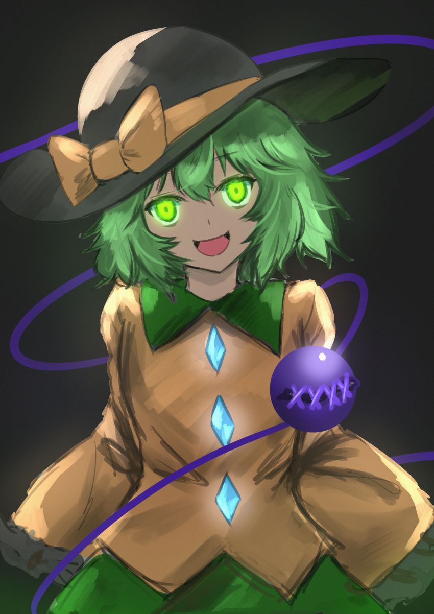 1girl :d bow dark_background glowing glowing_eyes green_eyes green_hair hat head_tilt highres komeiji_koishi looking_at_viewer medium_hair sen_(daydream_53) shirt simple_background sleeves_past_fingers sleeves_past_wrists smile solo third_eye touhou upper_body yellow_bow yellow_shirt