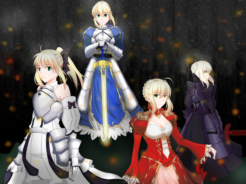 4girls aestus_estus ahoge armor armored_boots armored_dress artoria_pendragon_(all) bare_shoulders black_bow black_dress blonde_hair blue_bow blue_dress blush boots bow braid breasts brown_bow caliburn choono closed_mouth commentary_request dark_excalibur detached_sleeves dress excalibur facial_mark fate/extra fate/grand_order fate/stay_night fate/unlimited_codes fate_(series) gauntlets glowing glowing_sword glowing_weapon green_eyes hair_bow hair_bun hair_intakes hair_ribbon highres holding holding_sword holding_weapon juliet_sleeves knee_boots light_brown_hair long_sleeves looking_at_viewer medium_breasts multiple_girls nero_claudius_(fate) nero_claudius_(fate)_(all) parted_lips puffy_short_sleeves puffy_sleeves red_dress red_ribbon ribbon saber saber_alter saber_extra saber_lily short_sleeves sidelocks sleeveless sleeveless_dress sleeves_past_wrists small_breasts smile sword weapon white_dress white_sleeves wide_sleeves