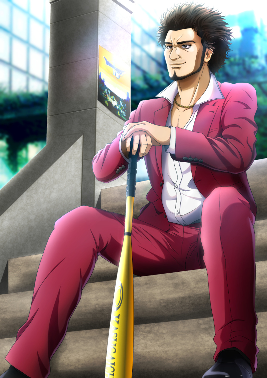 1boy afro bat black_footwear brown_hair eyebrows facial_hair forest happy hero's_bat highres holding holding_weapon jacket jewelry kasuga_ichiban manly mature_male murasaki_tsutsuji nature necklace park red_jacket ryuu_ga_gotoku ryuu_ga_gotoku_7 shirt shoes sitting smile stairs thick_eyebrows weapon white_shirt yakuza