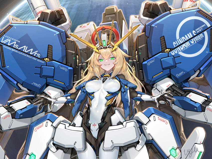 1girl blonde_hair bodysuit character_name earth_(planet) ex-s_gundam green_eyes gundam gundam_sentinel long_hair looking_at_viewer mecha mecha_musume planet shirousagi_uyu smile