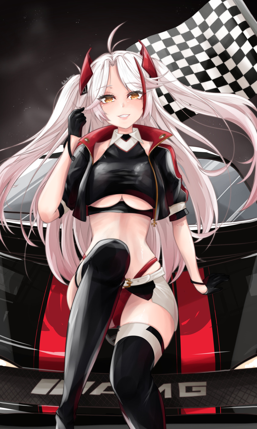 1girl absurdres azur_lane belt breasts clothing_cutout cropped_shirt earpiece gloves half_gloves highres jacket lalachan208 looking_at_viewer multicolored_hair official_alternate_costume orange_eyes panties panty_straps prinz_eugen_(azur_lane) prinz_eugen_(final_lap)_(azur_lane) purple_jacket racequeen red_panties redhead smile solo streaked_hair two-tone_hair two-tone_skirt under_boob underboob_cutout underwear white_belt white_hair