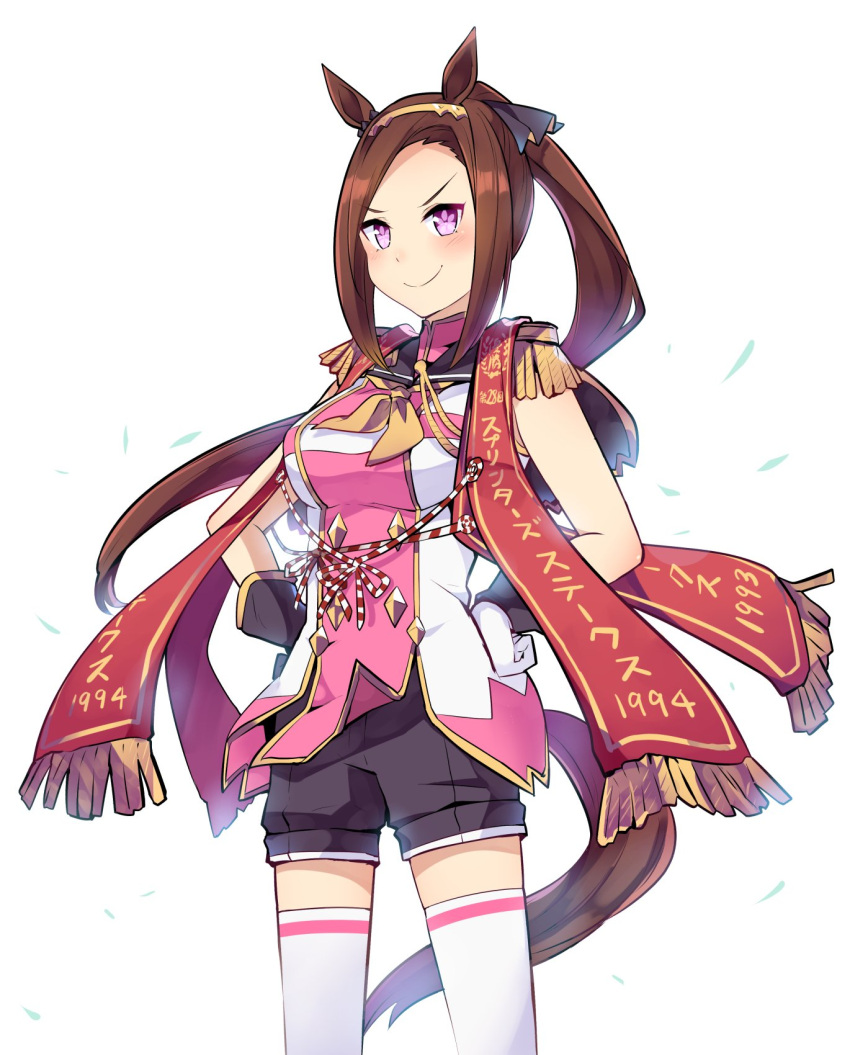 1girl animal_ears black_shorts brown_hair common_race_outfit_(umamusume) cowboy_shot ear_ornament epaulettes flower_in_eye gloves gold_hairband hands_on_hips highres horse_ears horse_girl horse_tail ido_(teketeke) long_hair ponytail red_scarf sakura_bakushin_o_(umamusume) scarf shorts simple_background sleeveless solo symbol_in_eye tail thigh-highs umamusume white_background white_legwear